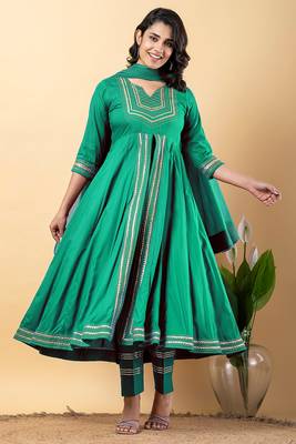 Sea green gotta patti rayon stitched slit anarkali pant suit set 1