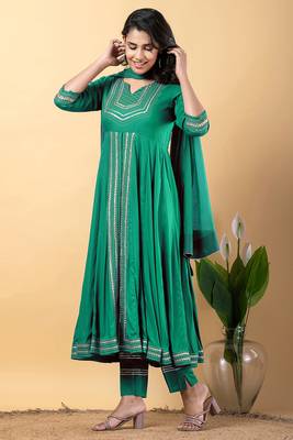Sea green gotta patti rayon stitched slit anarkali pant suit set 2
