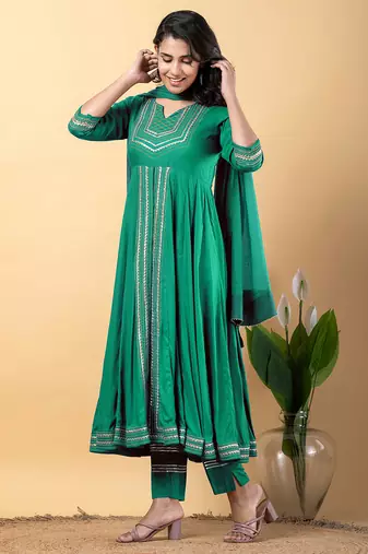 Sea green gotta patti rayon stitched slit anarkali pant suit set