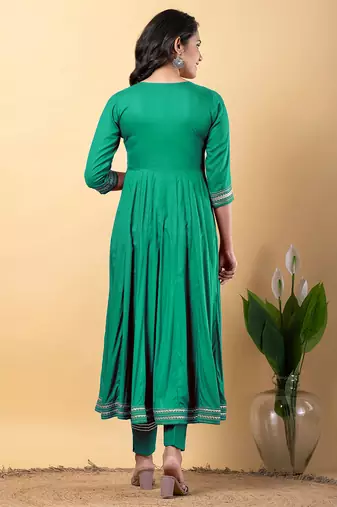 Sea green gotta patti rayon stitched slit anarkali pant suit set