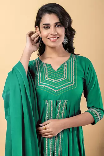 Sea green gotta patti rayon stitched slit anarkali pant suit set