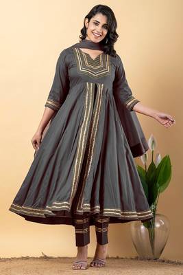 Grey gotta patti rayon stitched slit anarkali pant suit set 1
