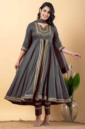 Grey gotta patti rayon stitched slit anarkali pant suit set