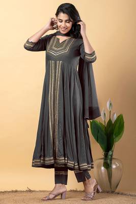 Grey gotta patti rayon stitched slit anarkali pant suit set 2