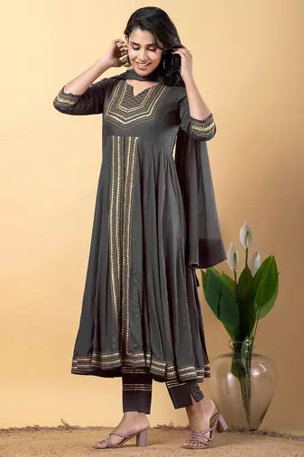 Grey gotta patti rayon stitched slit anarkali pant suit set