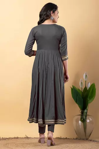 Grey gotta patti rayon stitched slit anarkali pant suit set