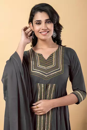 Grey gotta patti rayon stitched slit anarkali pant suit set
