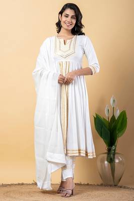 White gotta patti rayon stitched slit anarkali pant suit set 1
