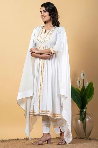 White gotta patti rayon stitched slit anarkali pant suit set