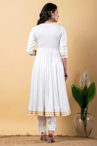 White gotta patti rayon stitched slit anarkali pant suit set