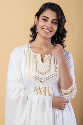 White gotta patti rayon stitched slit anarkali pant suit set 5