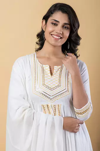 White gotta patti rayon stitched slit anarkali pant suit set