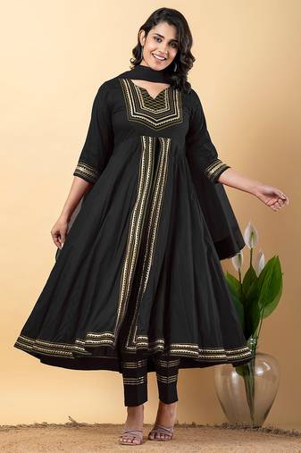 Black gotta patti rayon stitched slit anarkali pant suit set
