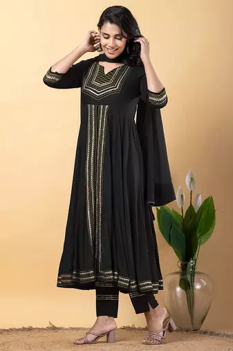 Black gotta patti rayon stitched slit anarkali pant suit set