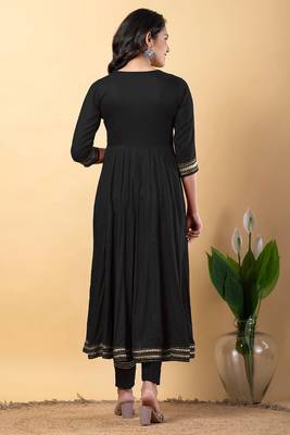 Black gotta patti rayon stitched slit anarkali pant suit set 3