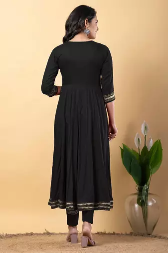 Black gotta patti rayon stitched slit anarkali pant suit set