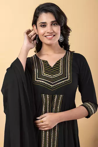 Black gotta patti rayon stitched slit anarkali pant suit set