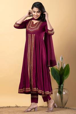 Purple gotta patti rayon stitched slit anarkali pant suit set 1