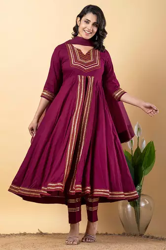 Purple gotta patti rayon stitched slit anarkali pant suit set