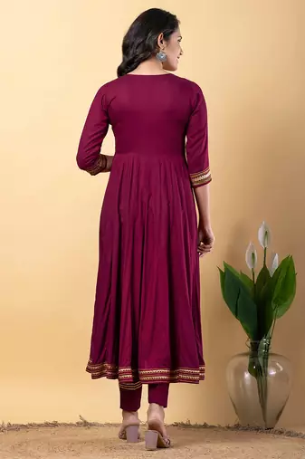 Purple gotta patti rayon stitched slit anarkali pant suit set
