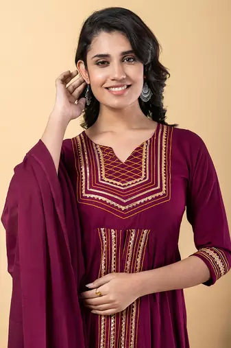 Purple gotta patti rayon stitched slit anarkali pant suit set