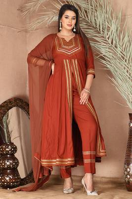 Peach gotta patti rayon stitched slit anarkali pant suit set 1