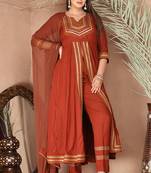 Peach gotta patti rayon stitched slit anarkali pant suit set