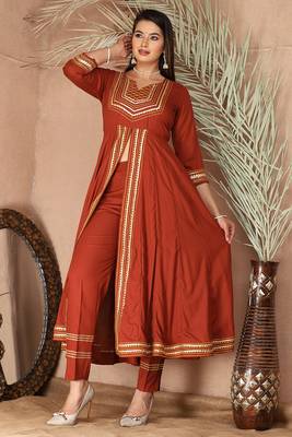 Peach gotta patti rayon stitched slit anarkali pant suit set 2