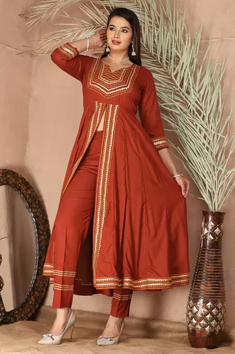 Peach gotta patti rayon stitched slit anarkali pant suit set