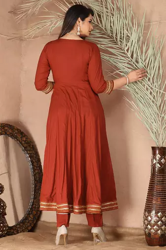 Peach gotta patti rayon stitched slit anarkali pant suit set