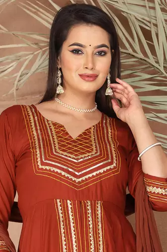 Peach gotta patti rayon stitched slit anarkali pant suit set