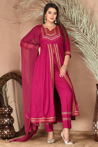 Pink gotta patti rayon stitched slit anarkali pant suit set
