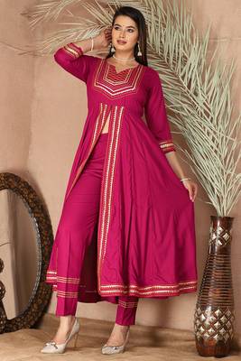 Pink gotta patti rayon stitched slit anarkali pant suit set 2