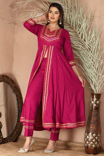 Pink gotta patti rayon stitched slit anarkali pant suit set