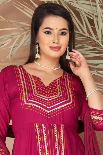 Pink gotta patti rayon stitched slit anarkali pant suit set