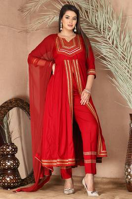Red gotta patti rayon stitched slit anarkali pant suit set 1