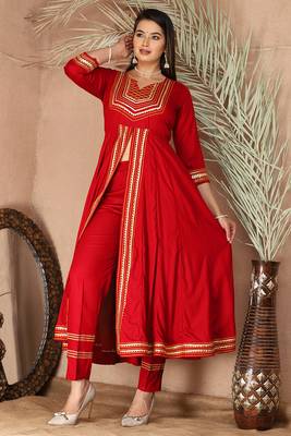 Red gotta patti rayon stitched slit anarkali pant suit set 2