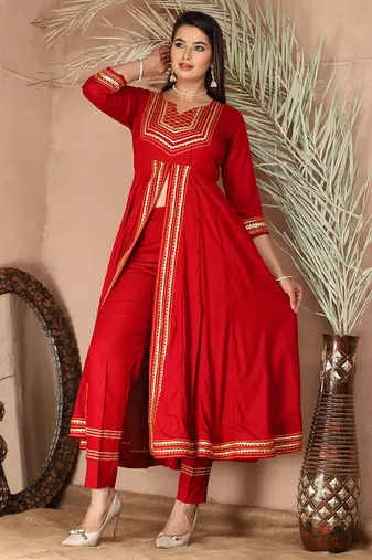 Red gotta patti rayon stitched slit anarkali pant suit set