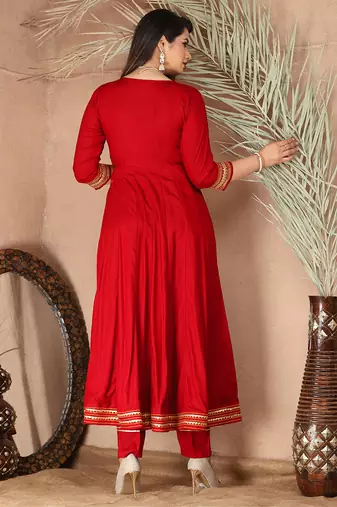 Red gotta patti rayon stitched slit anarkali pant suit set