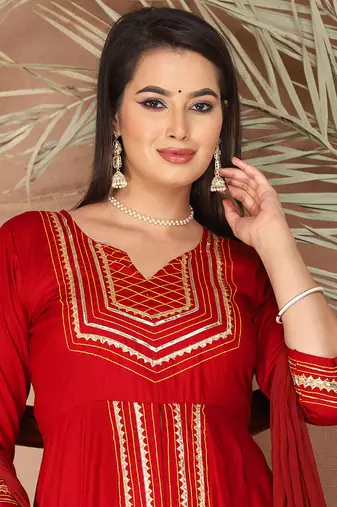 Red gotta patti rayon stitched slit anarkali pant suit set