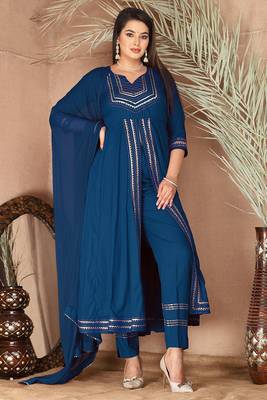 Blue gotta patti rayon stitched slit anarkali pant suit set 1