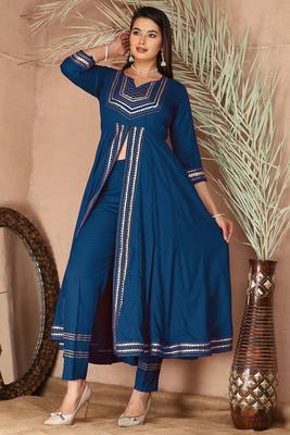 Blue gotta patti rayon stitched slit anarkali pant suit set 2