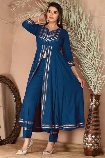 Blue gotta patti rayon stitched slit anarkali pant suit set