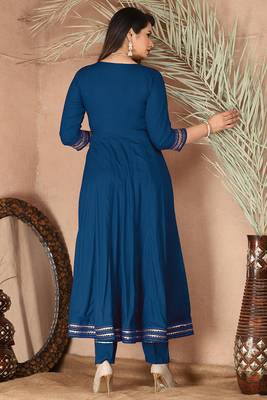 Blue gotta patti rayon stitched slit anarkali pant suit set 3