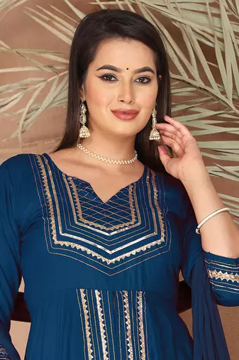 Blue gotta patti rayon stitched slit anarkali pant suit set