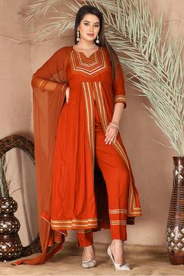 Orange gotta patti rayon stitched slit anarkali pant suit set 1