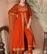 Orange gotta patti rayon stitched slit anarkali pant suit set