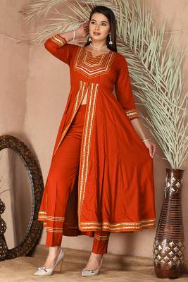 Orange gotta patti rayon stitched slit anarkali pant suit set 2