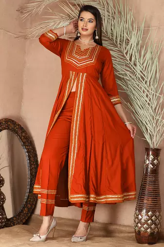 Orange gotta patti rayon stitched slit anarkali pant suit set