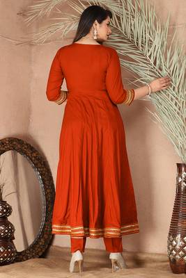 Orange gotta patti rayon stitched slit anarkali pant suit set 3